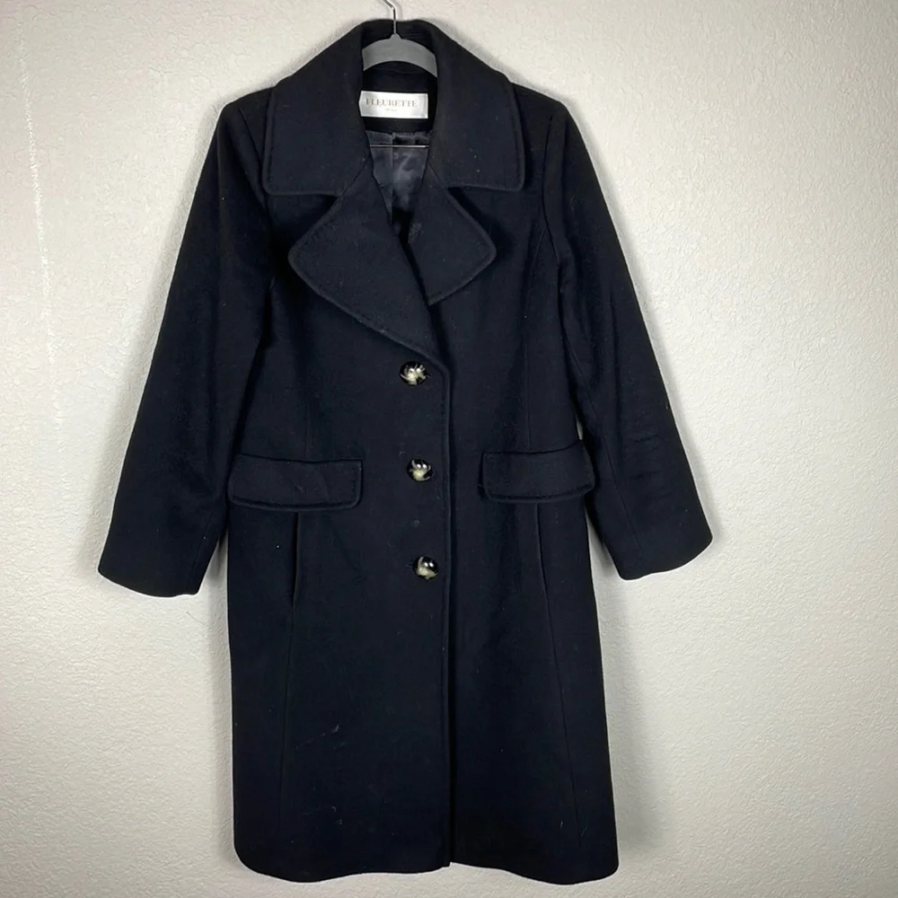 Fleurette Black Wool Cashmere Button Front Winter Coat Longline